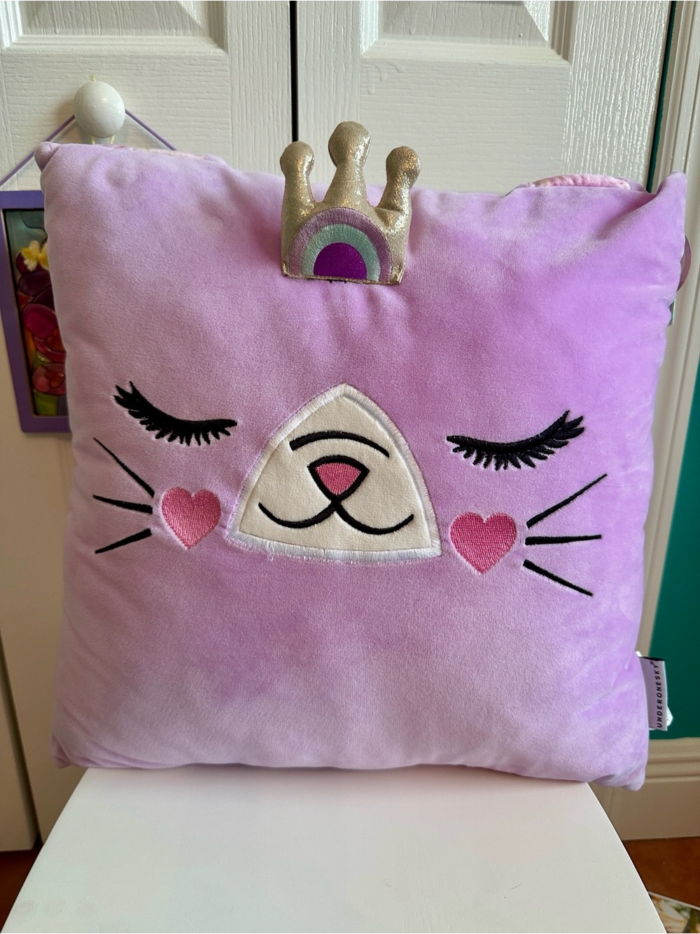 Under One Sky Lavender Cat Face Decorative Pillow with Gold Crown